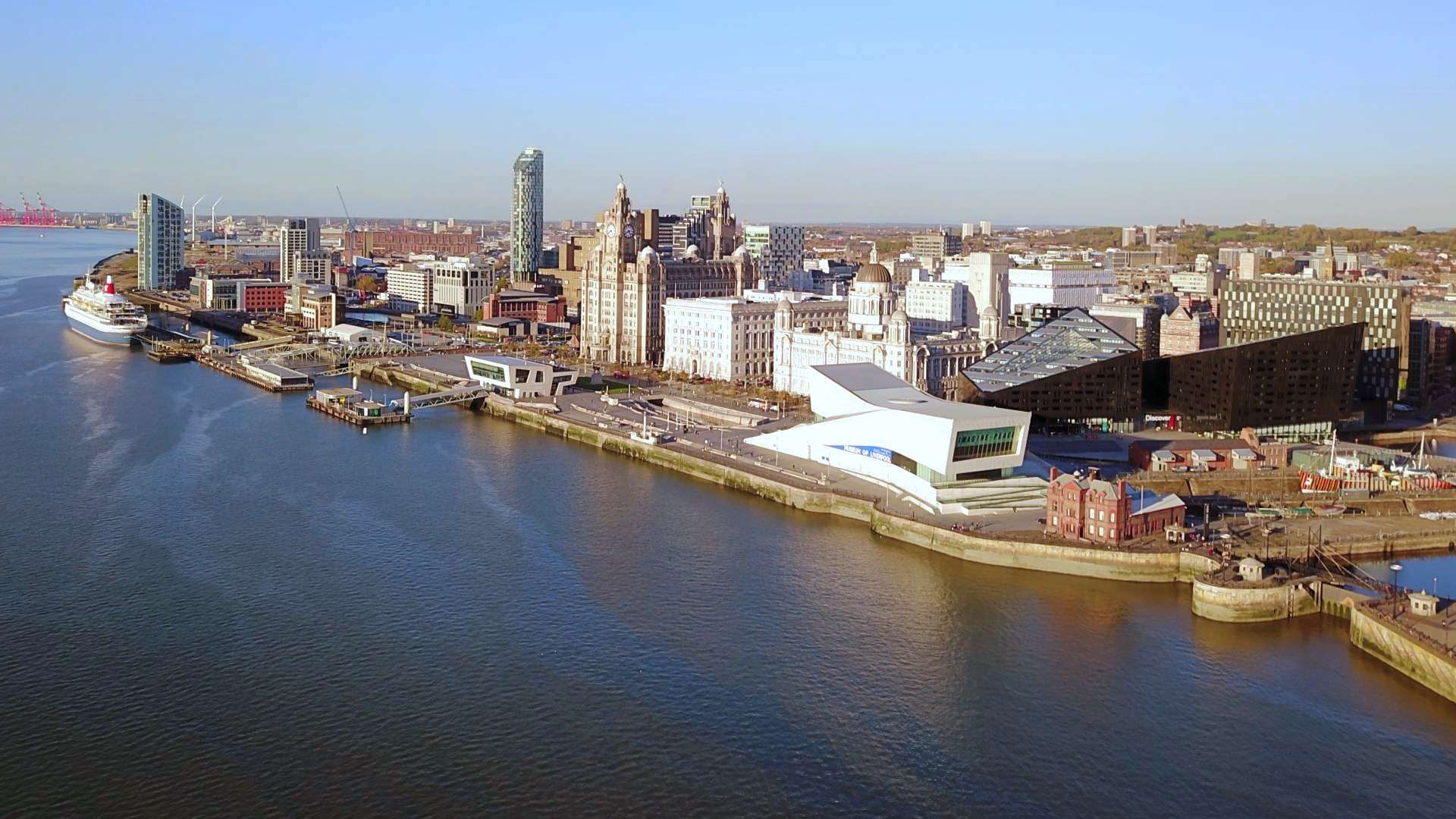 Liverpool Waterfront from drone above the river mersey